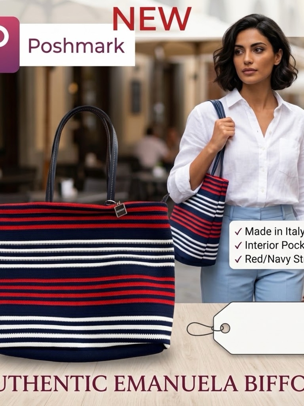 NEW Italian Emanuela Biffoli  Red & Navy Striped Canvas Tote